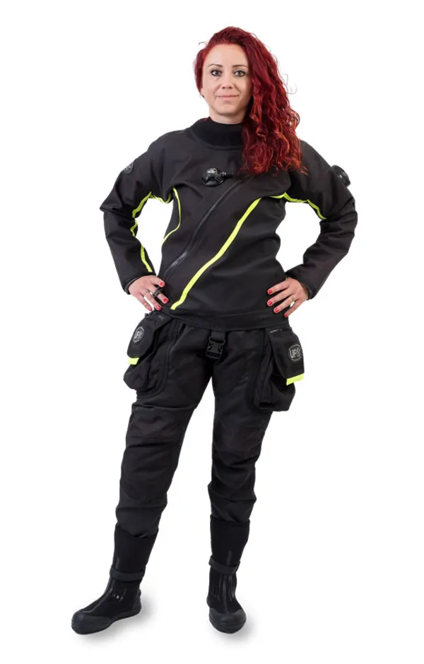 Drysuit with coloured accent lines along the seams
